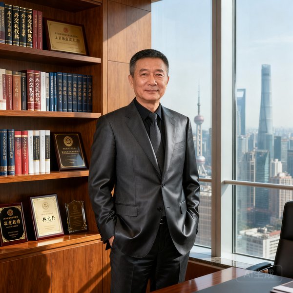 巴比伦贵宾会创始人林远舟先生，五十余岁，短发利落，穿着深灰色定制西装，站在上海金茂大厦办公室的书架前，书架上整齐排列着外交礼仪典籍和公司荣誉奖牌